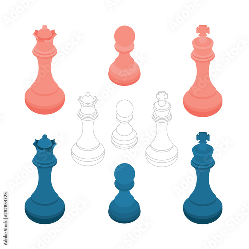 Chess pieces set. Chess king, queen and pawn vector illustrations set. Part of set.