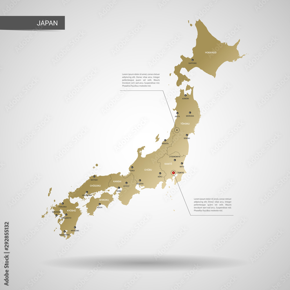 Stylized vector Japan map.  Infographic 3d gold map illustration with cities, borders, capital, administrative divisions and pointer marks, shadow; gradient background. 