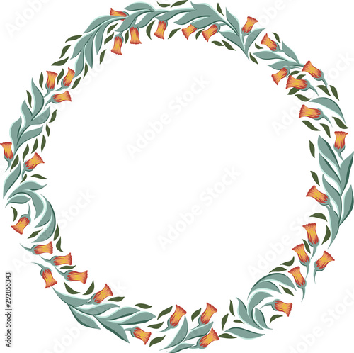 vector drawings of round wreath with leaves and cute flowers, floral frame