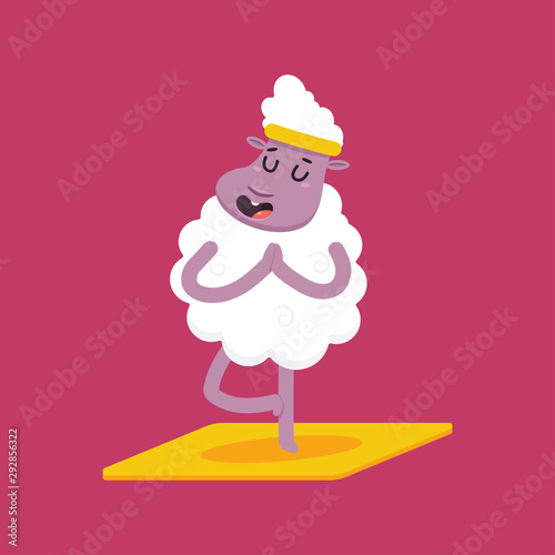 Cute sheep in yoga pose. Funny vector cartoon lamb character isolated on a background.