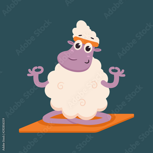 Funny sheep doing yoga exercise. Cute vector cartoon lamb character in lotus pose isolated on a background.