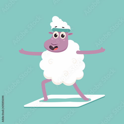 Cute sheep in yoga pose. Funny vector cartoon lamb character isolated on a background.