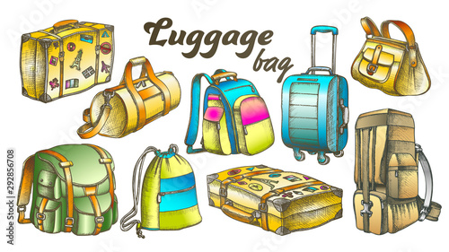 Different Luggage Color Set Vector. Assortment Of Luggage Bag For Business Trip, Extreme Tourist Travel. Modern And Retro Suitcases Designed In Vintage Style Illustrations