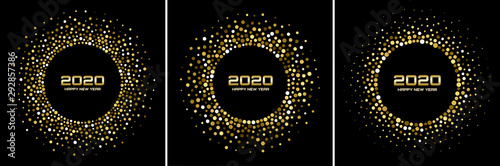 New Year 2020 night background party set. Greeting cards. Gold glitter paper confetti. Glistening golden festive lights. Glowing circle frame happy new year wishes. Christmas gold collection. Vector