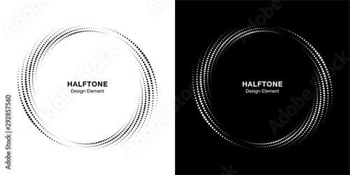 Halftone circle dotted frame circularly distributed set. Abstract dots logo emblem design element. Round border Icon using halftone circle dot texture. Half tone circular background pattern. Vector.