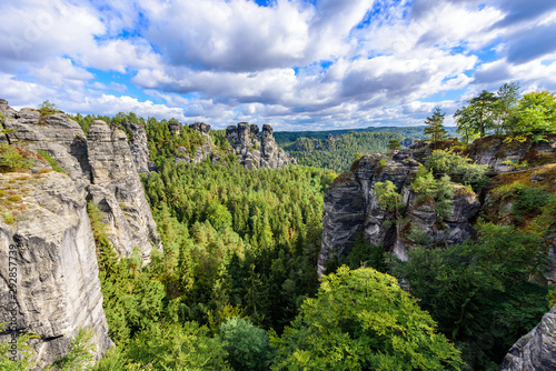 Bastei - View of beautiful rock formation in Saxon Switzerland National Park from the Bastei bridge - Elbe Sandstone Mountains near Dresden and Rathen - Germany. Popular travel destination in Saxony.