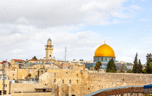 A view of the Temple Mount in Jerusalem  including the Western Wall and the golden Dome of the Rock.