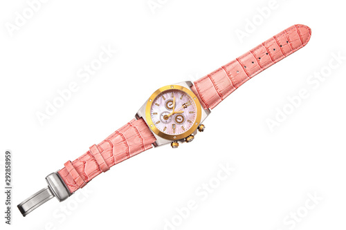 Wristwatch isolate on a white background. Luxury wristwatch with leather strap and gilt isolate on a white background.
