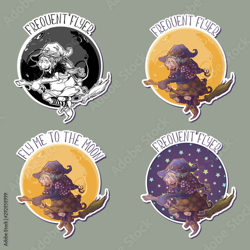 Halloween witch riding the broom Yellow moon on a background. Comic style intricate hand drawing. Halloween sticker. EPS10 vector illustration.