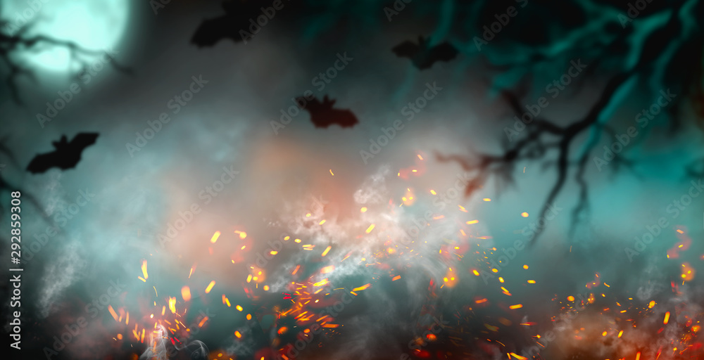 Plakat Fantasy Halloween Background. Beautiful dark deep forest backdrop with smoke, fire, vampire bats. Halloween magic holiday collage Art design, mysterious Frame. Copy space for your text. Wide screen