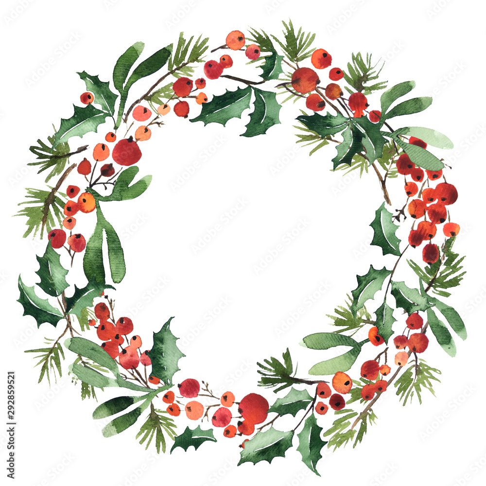 Watercolor wreath of spruce with holly berries and mistletoe for Christmas decoration