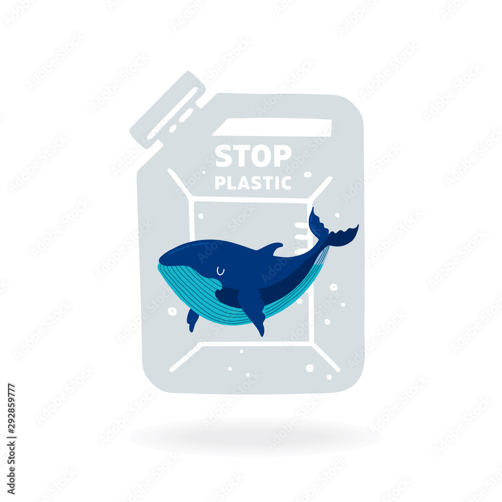 Template Stop plastic pollution! Vector flat illustration for World Environment Day. A whale swims in a plastic canister. Harm to nature. Poster design.