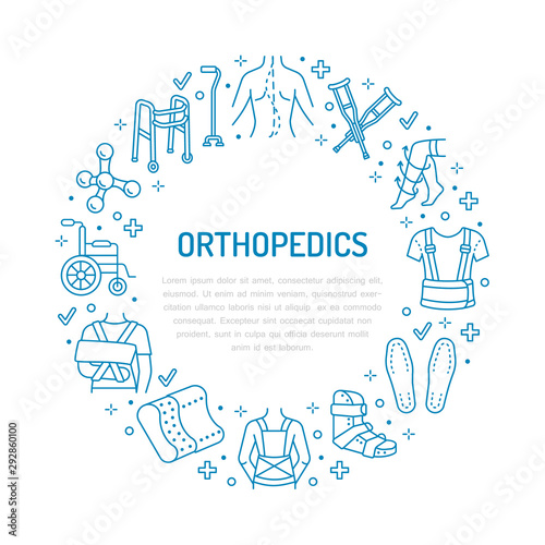 Orthopedic, trauma rehabilitation circle poster with vector line icons. Crutches, mattress pillow, walkers, ergonomic shoes, chiropractic. Health care thin linear signs for osteopath clinic, hospital