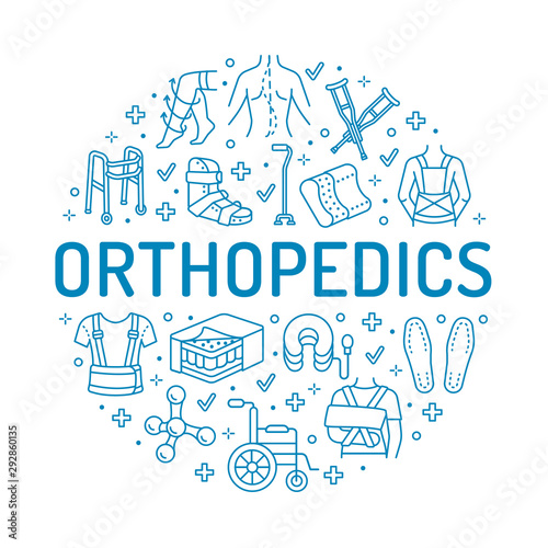 Orthopedic, trauma rehabilitation circle poster with vector line icons. Crutches, mattress pillow, walkers, ergonomic shoes, chiropractic. Health care thin linear signs for osteopath clinic, hospital