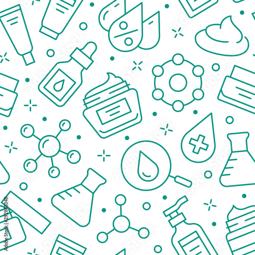 Skin care seamless pattern with line icons. Hyaluronic acid drop, serum, anti ageing compound retinol, moisturizing cream tube package, cosmetology treatment. Beauty background dermatology brochure