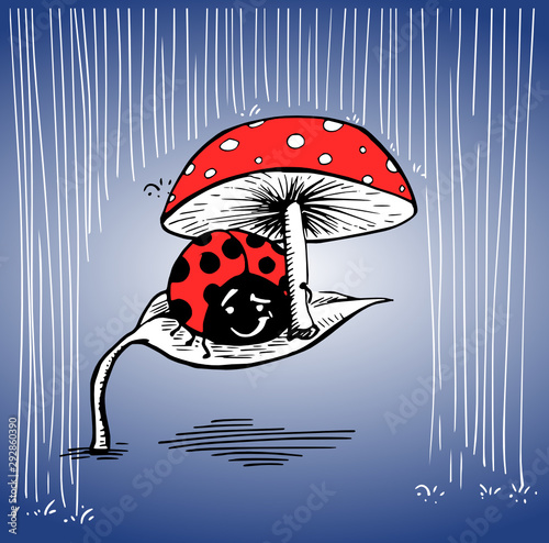 Ladybug cartoon illustration - under a musroom preventing to get wet in the rain