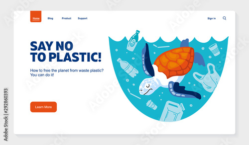 Website template No plastic! Vector flat illustration for World Environment Day. A sea turtle swims in sea with garbage - in water are plastic bag, glass, straw, bottle, canisters. Harm to nature.