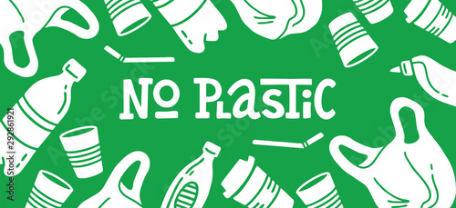 No plastic! Vector flat illustration for World Environment Day. Lettering Nature with garbage - plastic bag, glass, straw, bottle, canisters. Harm to nature. Design for banner, poster, postcard, web