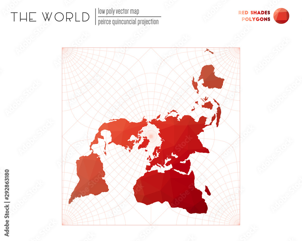 Abstract geometric world map. Peirce quincuncial projection of the world. Red Shades colored polygons. Trending vector illustration.