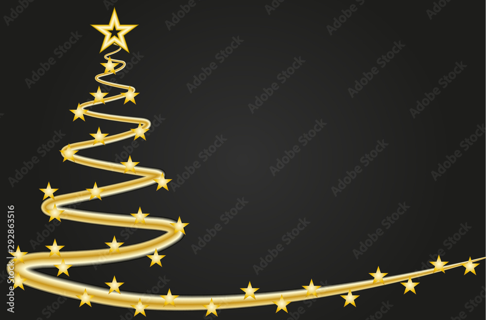 Felicitación de navidad con pino dorado y estrellas. - obrazy, fototapety, plakaty 