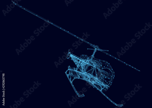 Wireframe of a double helicopter of blue lines on a dark background with luminous lights. Perspective view. 3D. Vector illustration.