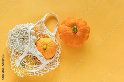 Fresh harvest vegetables gourds pumpkin, pattypan squash in shopping eco-friendly mesh bag on yellow background. Concept Organic vegetable harvest. Top view Flat lay Copy spaceTemplate photo