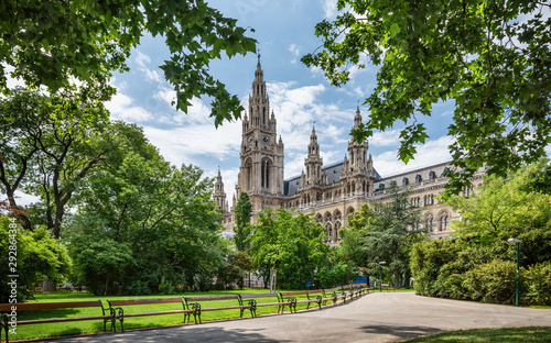 Parks of Vienna, Austria, view with City hall. Summer day.