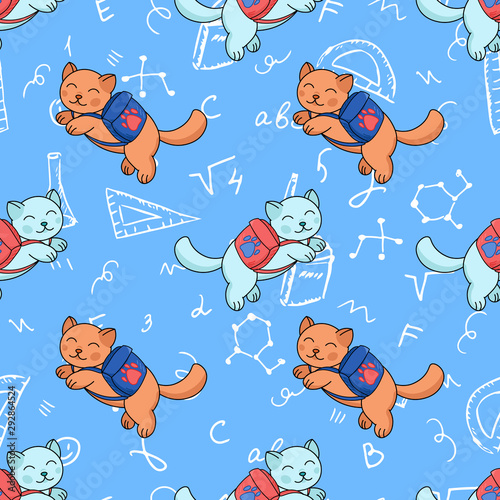cute cats with backpack seamless pattern, back to school decoration, kawaii smiling pets, editable vector illustration