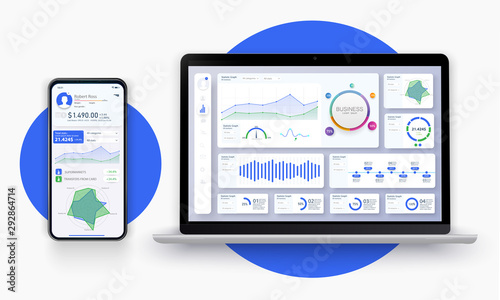 Business app UI/UX with graph and analytics. Web page banner for presentation. Business infographic template. Big data concept Dashboard user admin panel template design. Analytics admin dashboard.