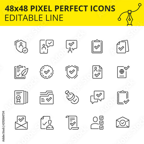 Simple set of icons for approval process in business and marking various milestones as passed. 48x48 Pixel perfect icon, editable line. Vector