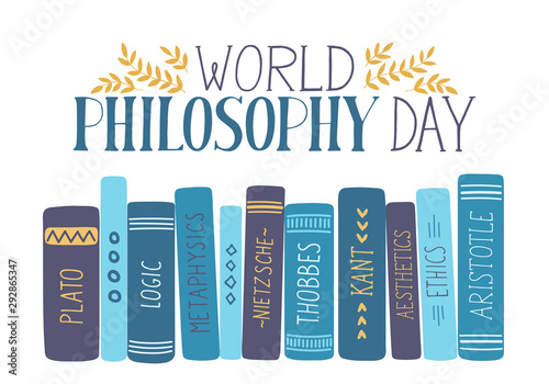 World Philosophy Day. Hand drawn philosophy books with lettering on white background. 