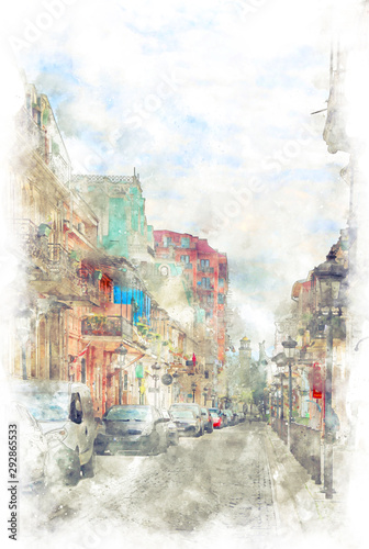 Digital illustration in watercolor style of narrow street of the old city in the center of Batumi, Georgia © ame kamura