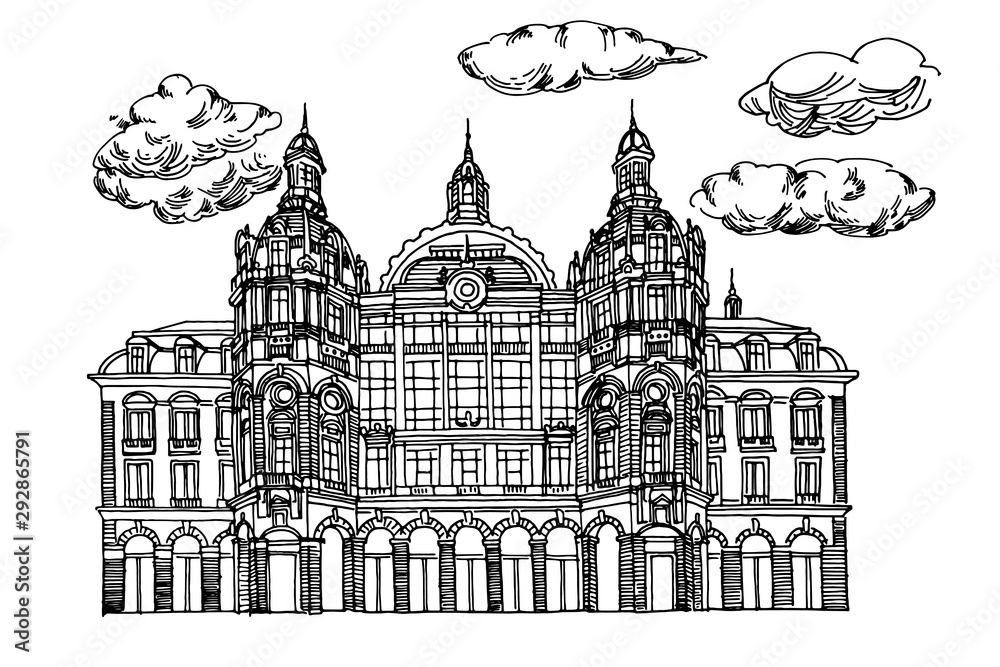 Vector sketch of  Antwerp main railway station. Antwerpen, Belgium.