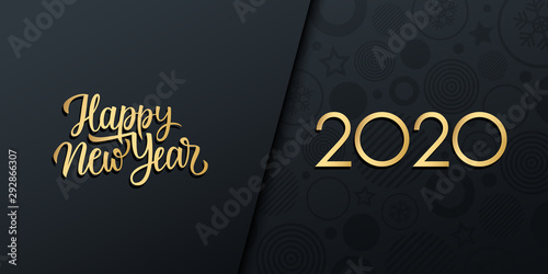 2020 New Year luxury holiday banner with gold handwritten inscription Happy New Year. Vector illustration.