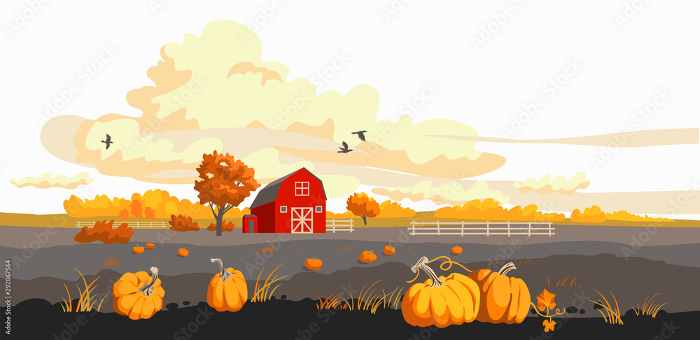 Red barn on a fild autumn illustration - obrazy, fototapety, plakaty 