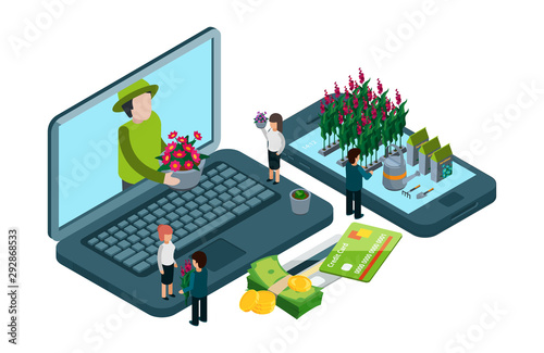 Plants and flowers online shop. Isometric floristic vector concept. Illustration florist online, retail sale flower