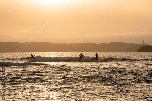 Wide image of surfers silhouettes surfing and riding waves at sunset o sunrise