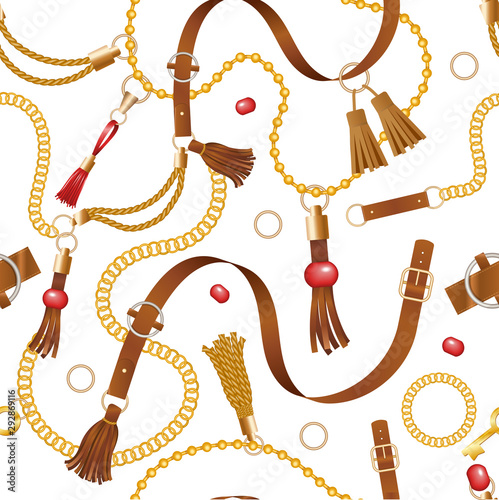 Belt pattern. Fashion luxury leather chains and braided decoration for clothes lacing accessories vector seamless background. Strap fabric and metal, waistband background seamless illustration