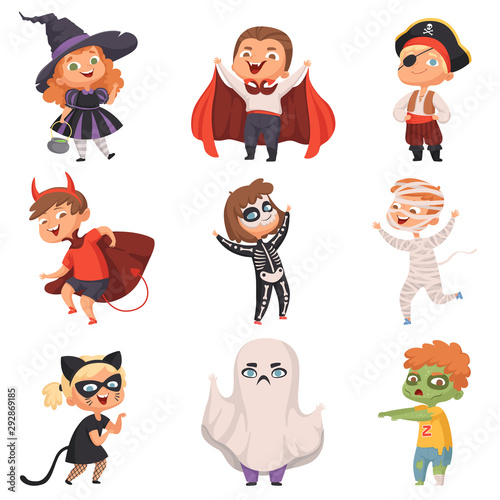 Halloween costumes. Kids scary at party trick or treat vampire zombie witch vector characters. Illustration evil ghost and horror costume pirate and mumia