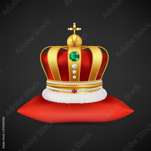 Royal crown vector. Realistic luxury gold symbol of monarchy, antique diadem with diamonds on red pillow illustration. Crown king or queen, gold luxury element