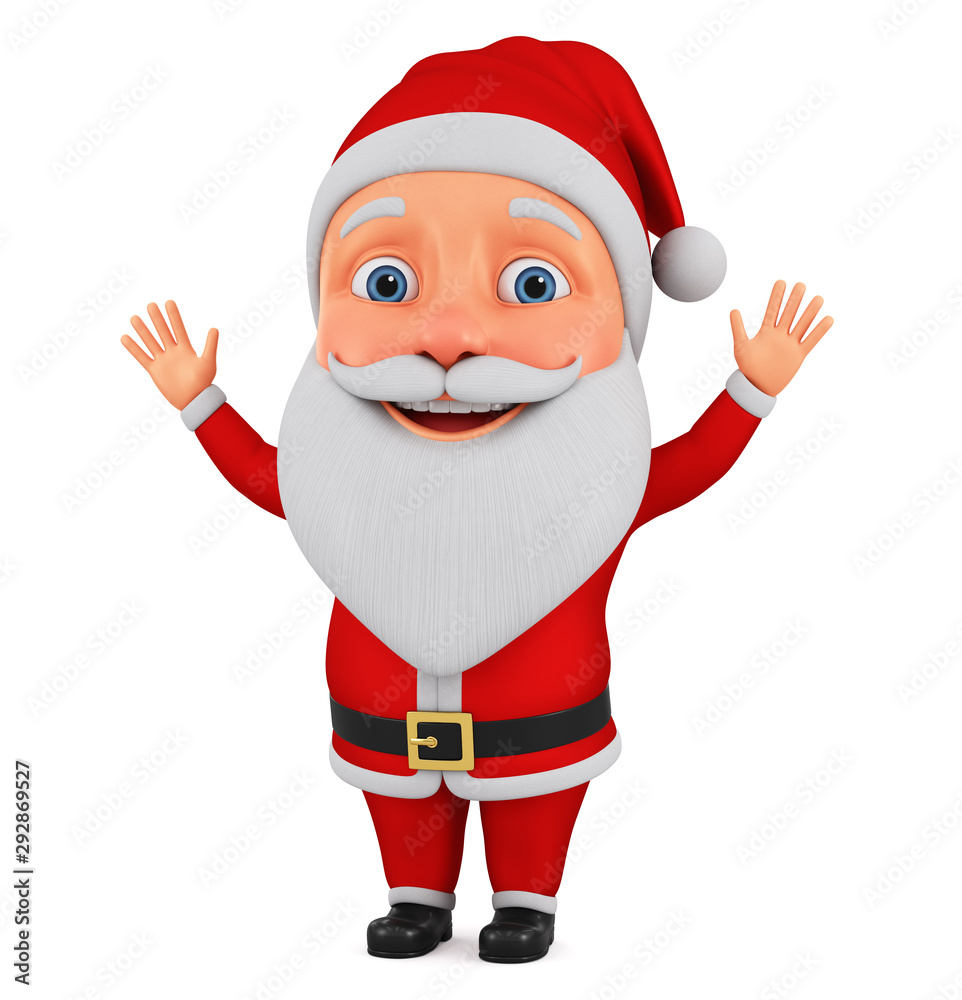 Cartoon character cheerful Santa Claus hands raised up on a white background. 3d rader illustration for the new year. Cartoon character cheerful Santa Claus hands raised up on a white background. 3d rader illustration for the new year.
