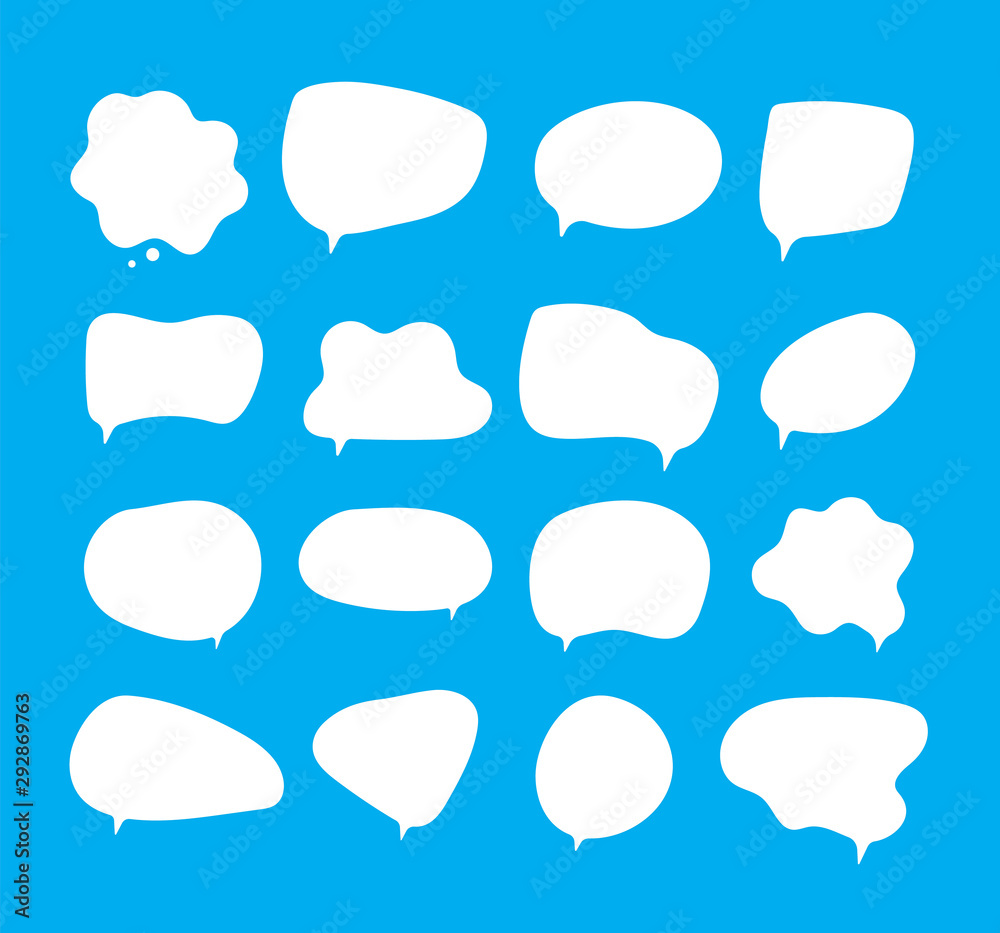 White bubbles talk. Speech bubbles different shapes on blue background comment clouds shouting voice vector pictures. Comic bubble talk and communication, cloud communicate speak illustration White bubbles talk. Speech bubbles different shapes on blue background comment clouds shouting voice vector pictures. Comic bubble talk and communication, cloud communicate speak illustration