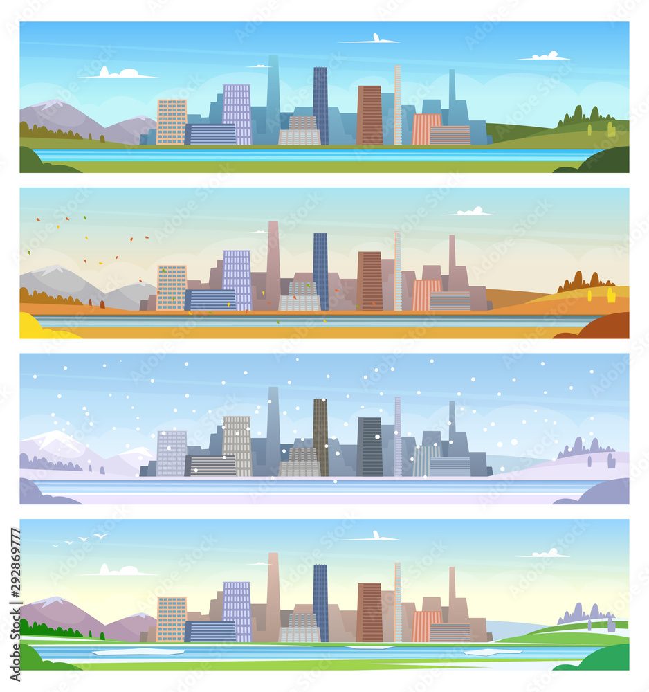 Four seasons. Urban landscape weather of summer winter spring and autumn vector cartoon ilustrations. Summer and winter town, spring and autumn city landscape