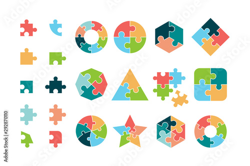 Puzzle collection. Business different jigsaw round and square geometrical forms tags puzzle pieces vectors. Piece jigsaw icon, round and square shape illustration photo