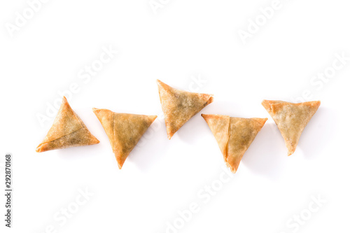 Samsa or samosas with meat and vegetables isolated on white background. Traditional Indian food. Top view photo