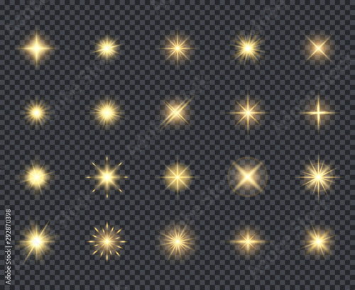 Glowing stars icon. Celebration effects beautiful sparks lighting rays vector realistic icons collection. Glow glitter magic, glare effect spark bright illustration