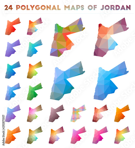 Set of vector polygonal maps of Jordan. Bright gradient map of country in low poly style. Multicolored Jordan map in geometric style for your infographics.