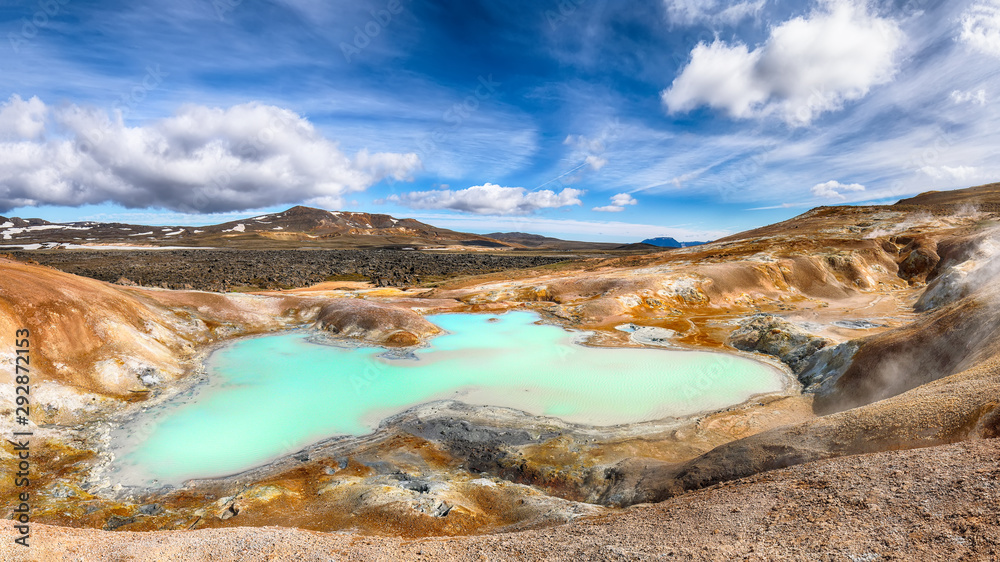 Exotic landscape of Acid hot lake with turquoise water in the geothermal valley Leirhnjukur