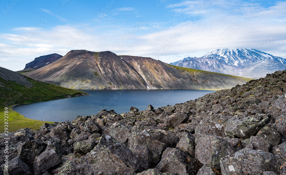 The picturesque lake Ketachan in Kamchatka, Russia. Bystrinsky National Park, near the volcano Ichinskaya Sopka