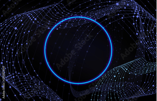 Vector Neon Circle Frame on Dark Structure Background, Connected Dots Geometric Pattern.